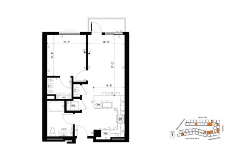 Floor plan for 1 bed, 1 bath, 733 sqft